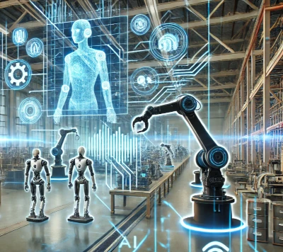 optimizexAI - A conceptual AI-powered factory with autonomous robots working alongside humans, a holographic AI assistant providing insights, and a secure data